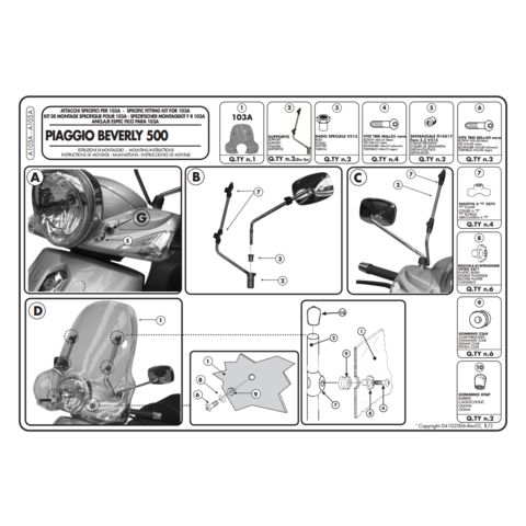 Givi A103A Windshield Fit Kit Piaggio Beverly BV 250/500 2004-2012