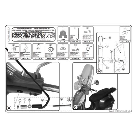 Givi A104A Windshield Fit Kit Vespa GTS 300 / Super / LX50 / LX150 2005-2019