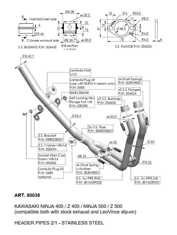 LeoVince Exhaust Header Kawasaki Ninja 400 / 500 / Z400 / Z500