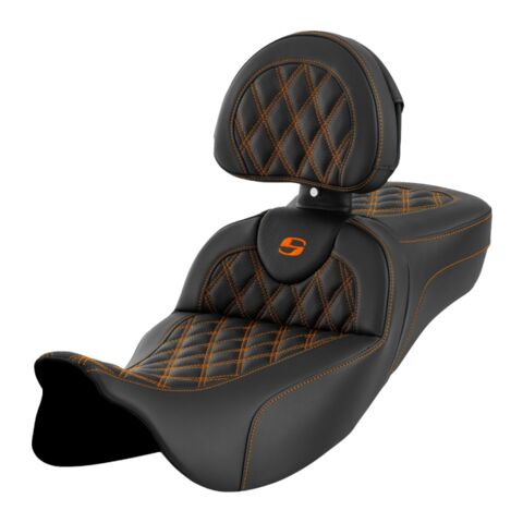 Saddlemen Roadsofa LS Lattice Stitch 2-Up Seat For Harley Touring 2008-2025 Extended Reach / With Backrest / Orange Stitch [Blemished - Good]