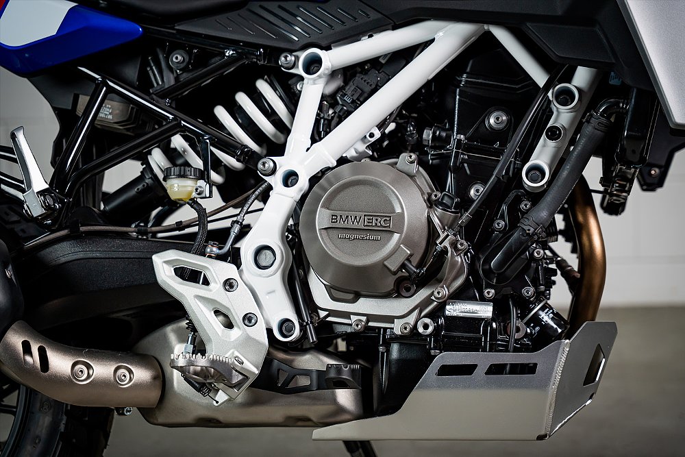 A close-up of the BMW F 450 GS's 420 cc parallel-twin engine.