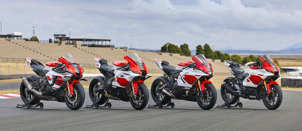 lineup of four Yamaha sport bike models in red-and-white livery