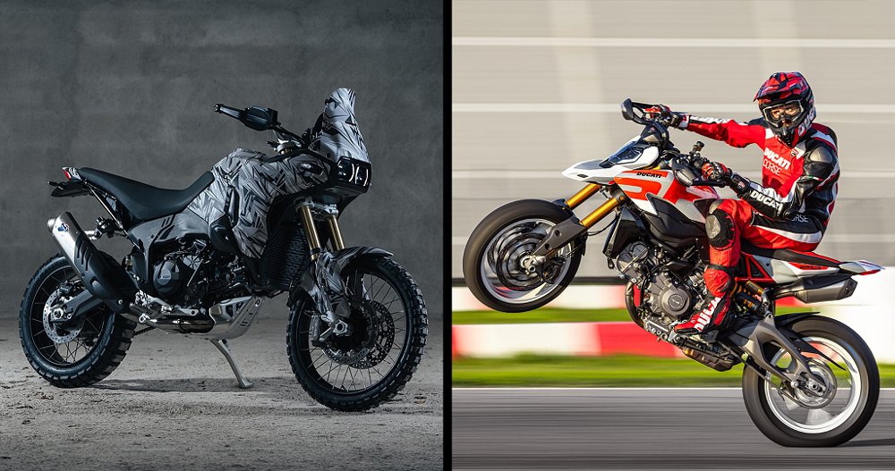 Side-by-side promo images of the Ducati DesertX V2 and Hypermotard V2.