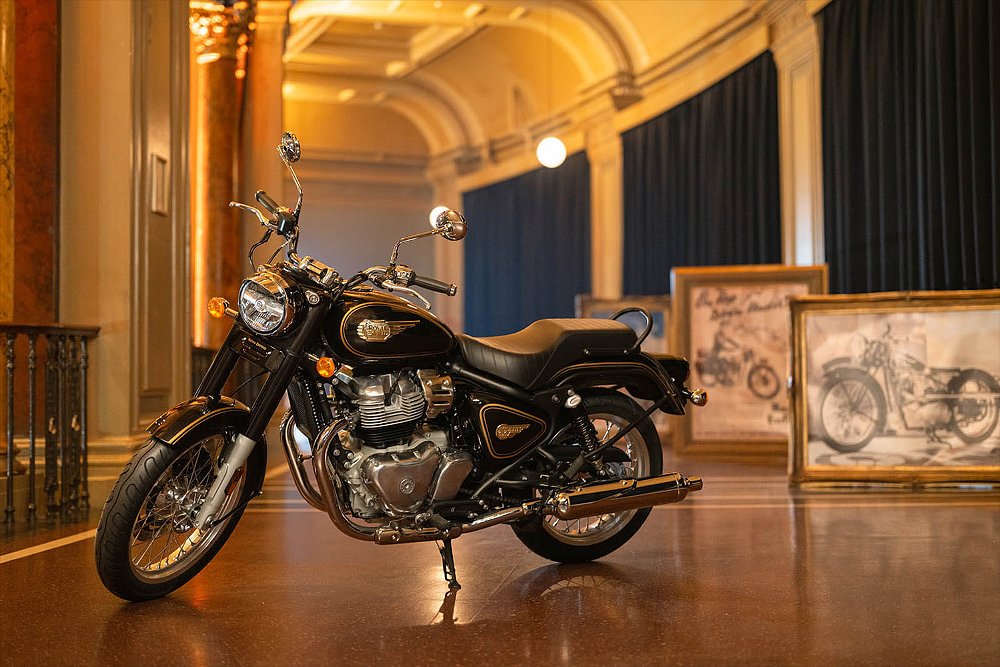 The Royal Enfield Bullet 650 staged inside an event hall.