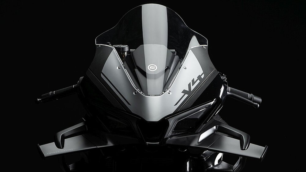 A close-up of the CFMOTO V4 SR-RR's front fairing.