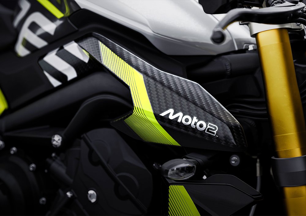 close view of the Moto2 logo on the Street Triple's body work
