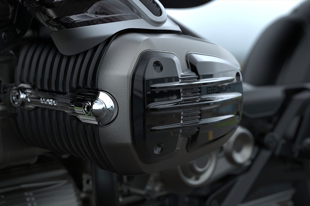 A close-up of Benda's hybrid boxer engine.