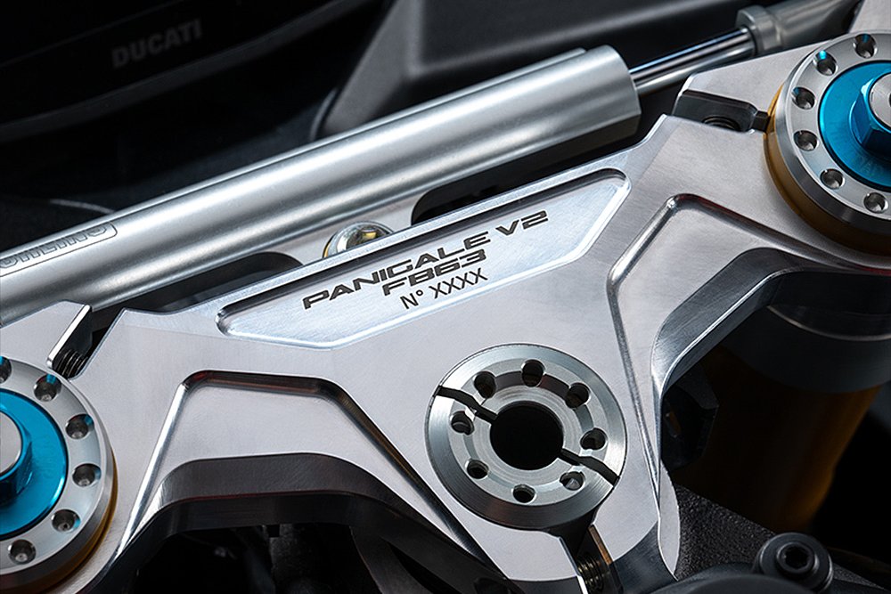 A close-up of the Panigale V2 FB63's top clamp.