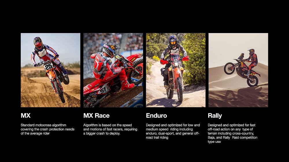 A chart of the Alpinestars Tech-Air MX's ride modes along with a description and photo.