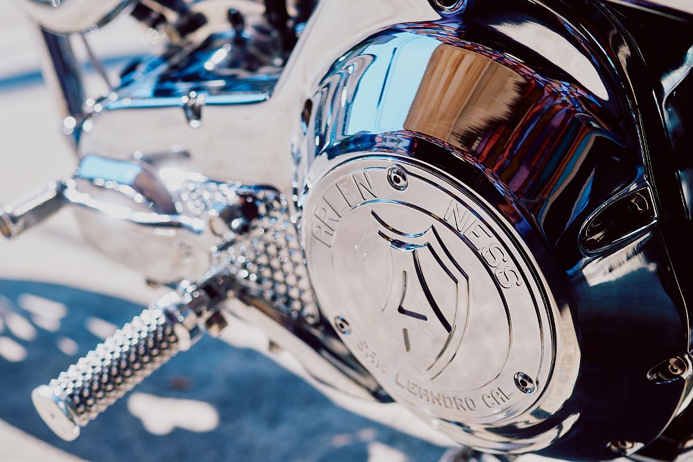 close view of chromed engine parts