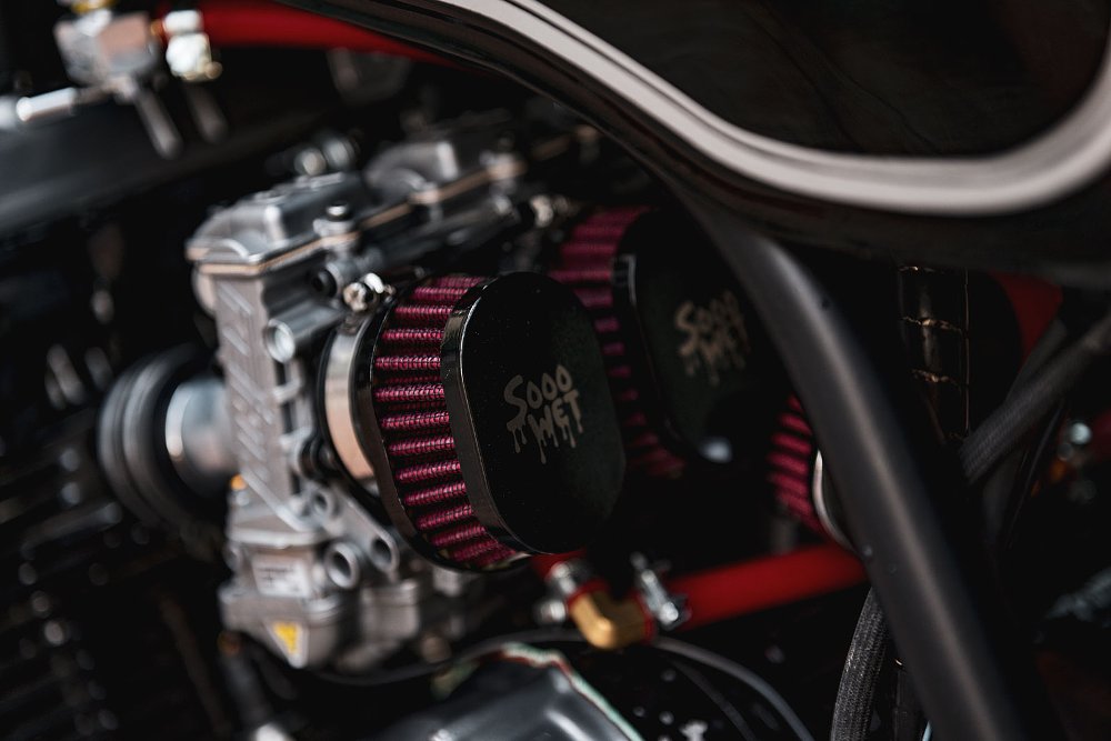 close view of the side of the engine, aftermarket air filter