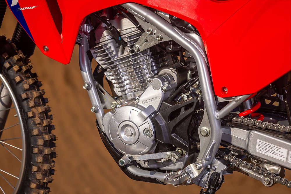 A close-up of the CRF300F's 294 cc single-cylinder engine.