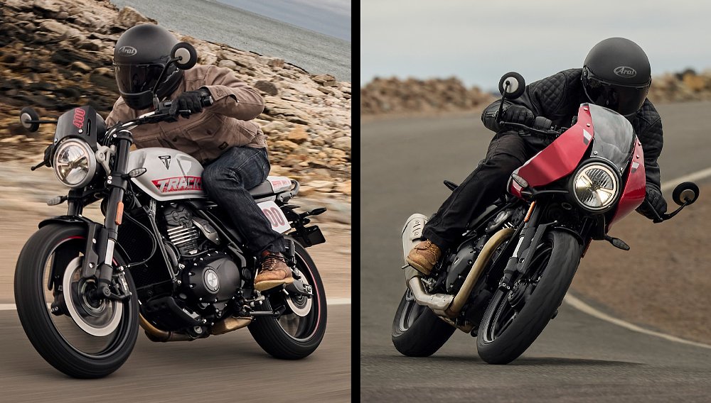 Back-to-back images of riders navigating curves on the Thruxton 400 and Tracker 400.