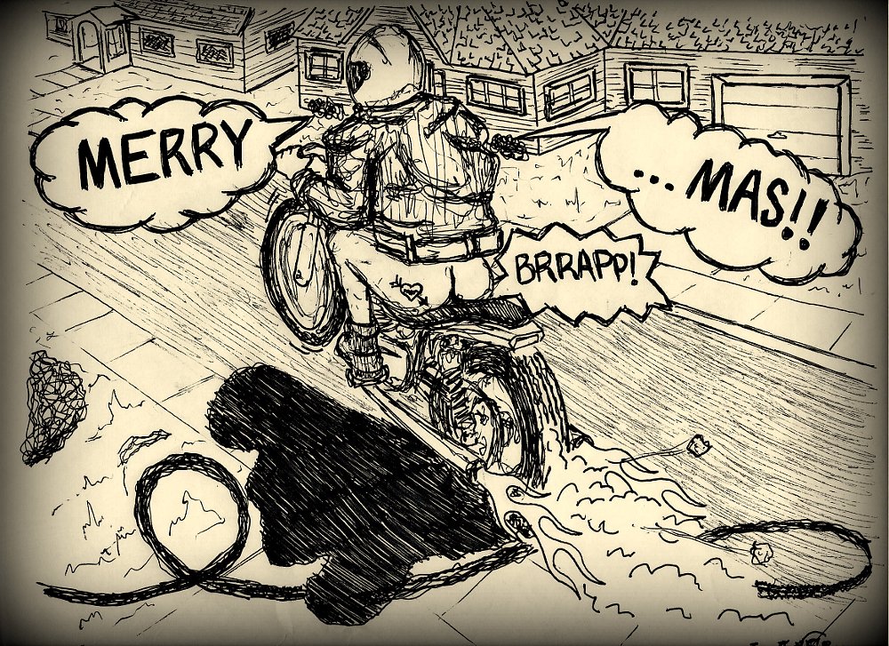cartoon of a rider wearing no pants on a motorcycle in the front yard of a house in the snow