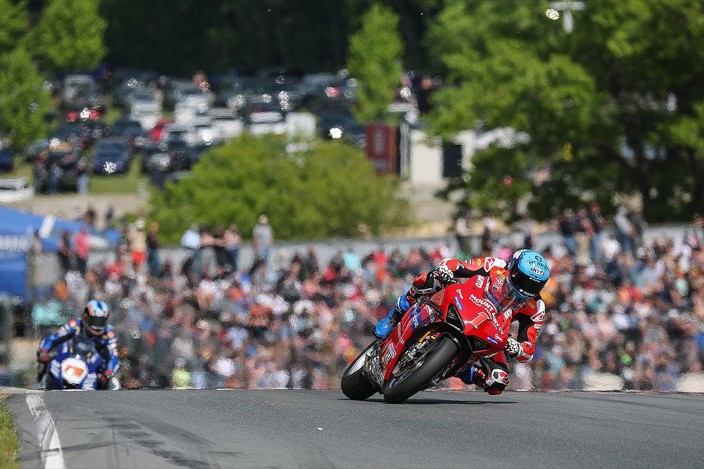 Josh Herrin tips his Ducati superbike into a turn at Road America.