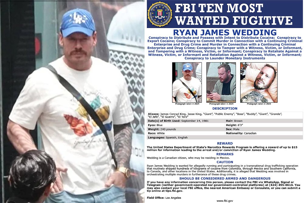 A picture of Ryan Wedding alongside his FBI Ten Most Wanted Fugitive poster.