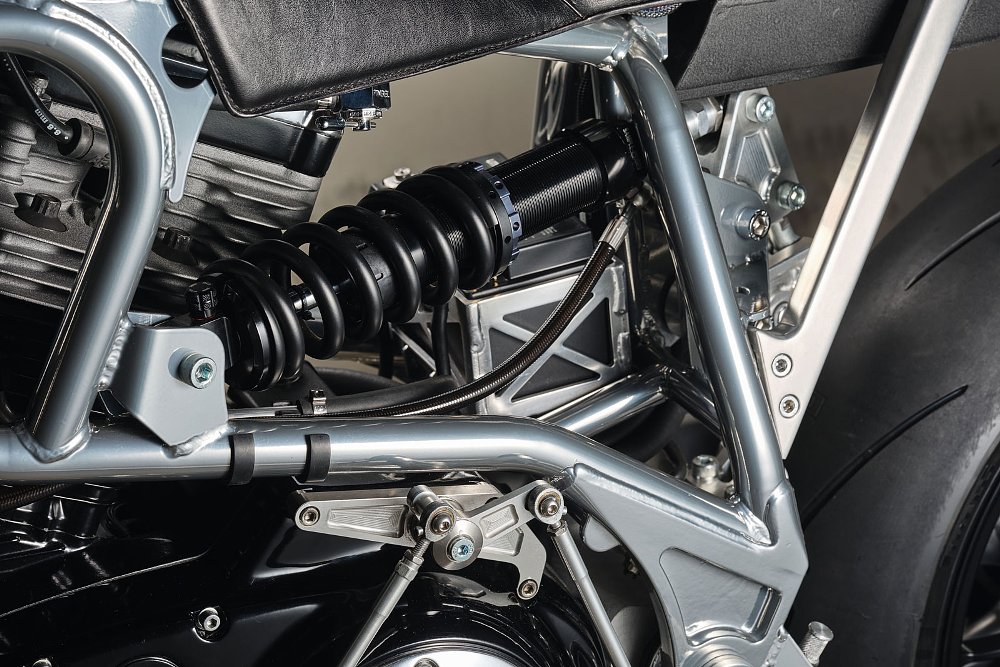 close view showing the horizontal mounting of the rear shock absorber