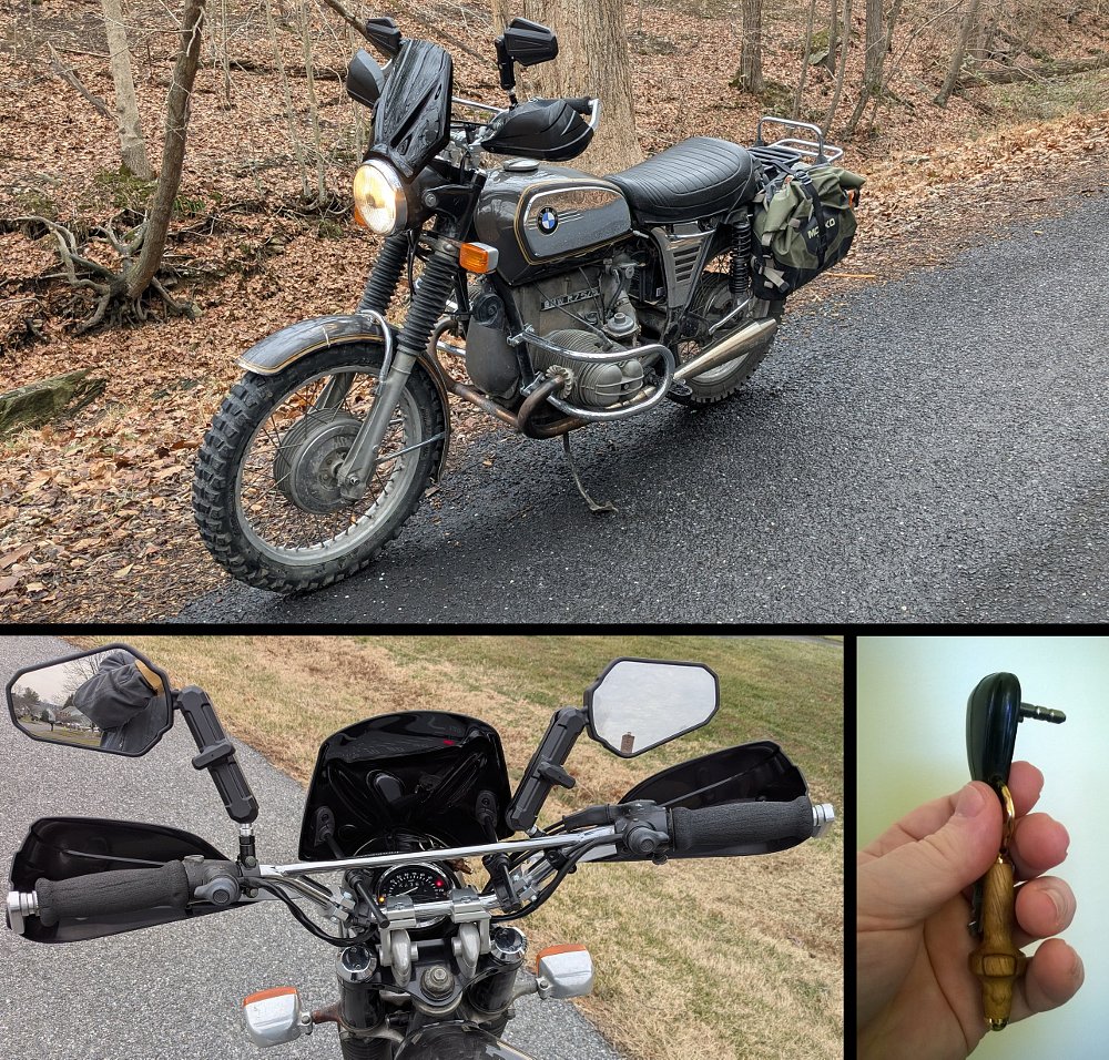 photos of the 1953 BMW R75/5 parked along a country road, and closeups of the handlebar and an antiquated key