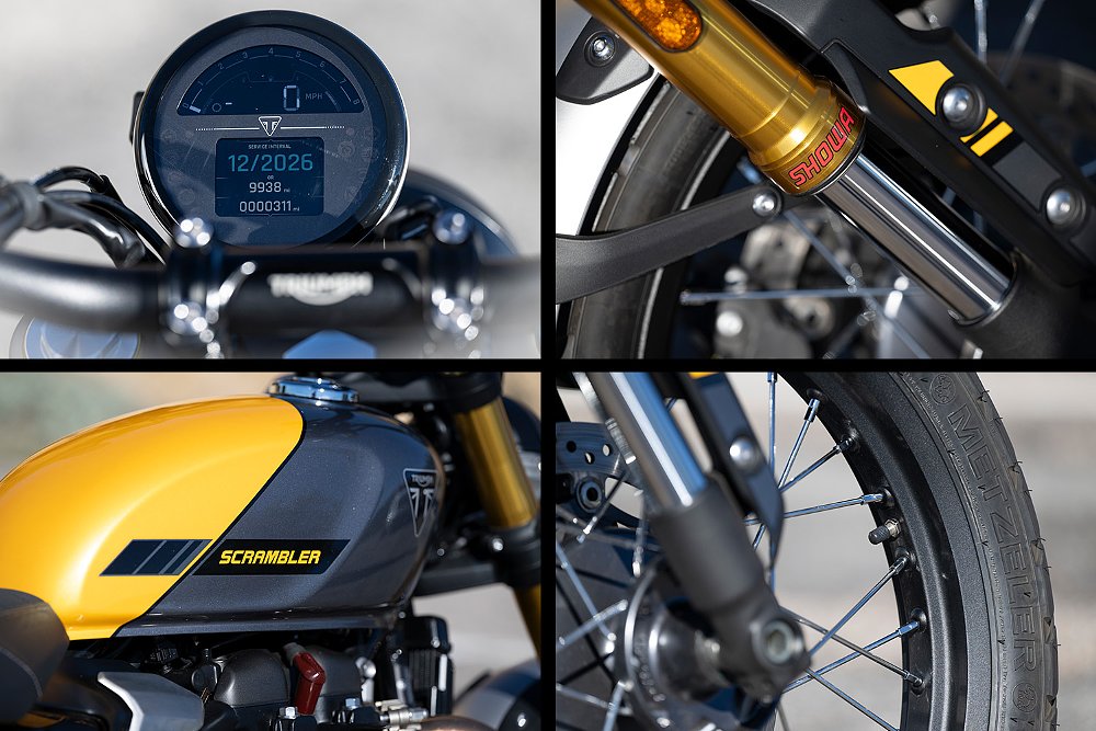 Close-up shots of the Scrambler 900's dash, fork, tires, and fuel tank.