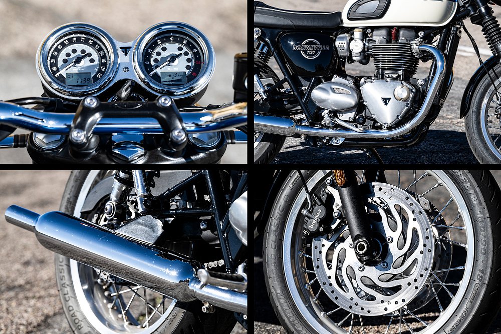 Close-up shots of the T120's dual gauges, peashooter pipes, parallel-twin engine, and dual-disc brakes.
