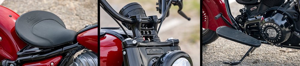 Close-up images of the Chief Vintages solo seat, handlebar risers, and floorboards.