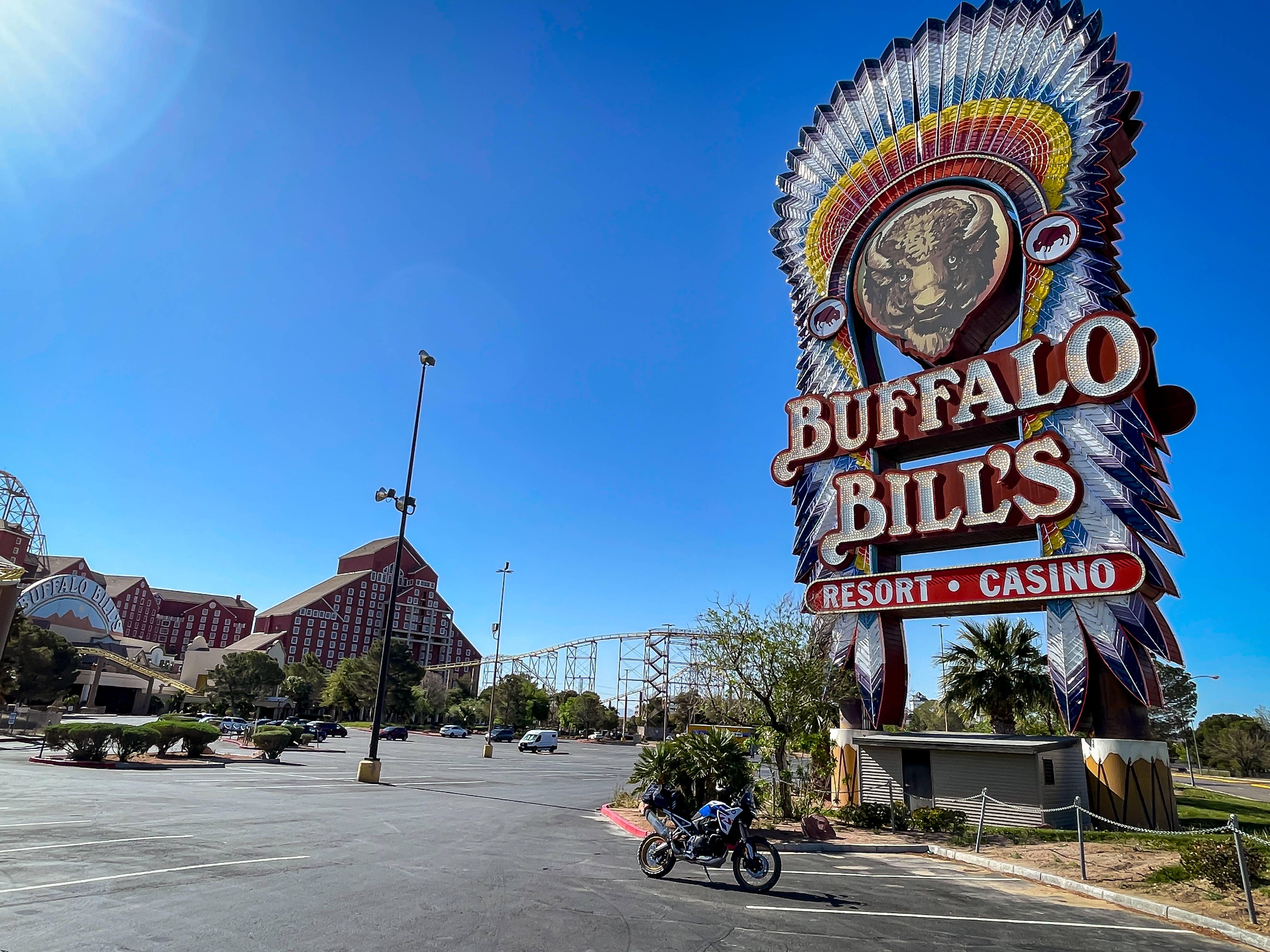 BMW F 900 GS in Mojave Desert sand at Buffalo Bills Casino 