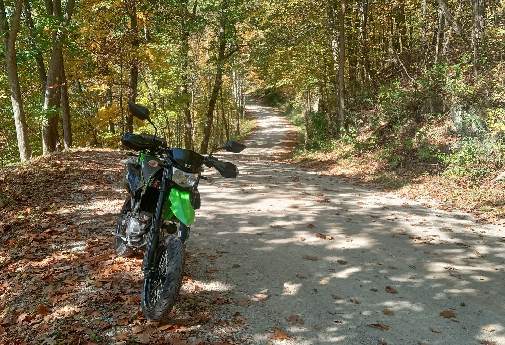 green and black KLX300SM supermoto on a dirt road in the forest in the autumn