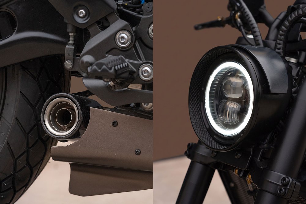 close view of details on the custom, including round headlight