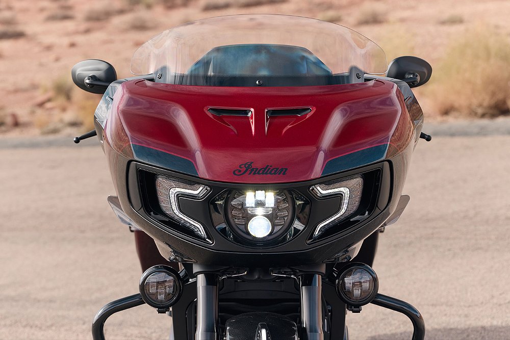 A head-on shot of the Challenger 125th Anniversary Edition's front fairing.