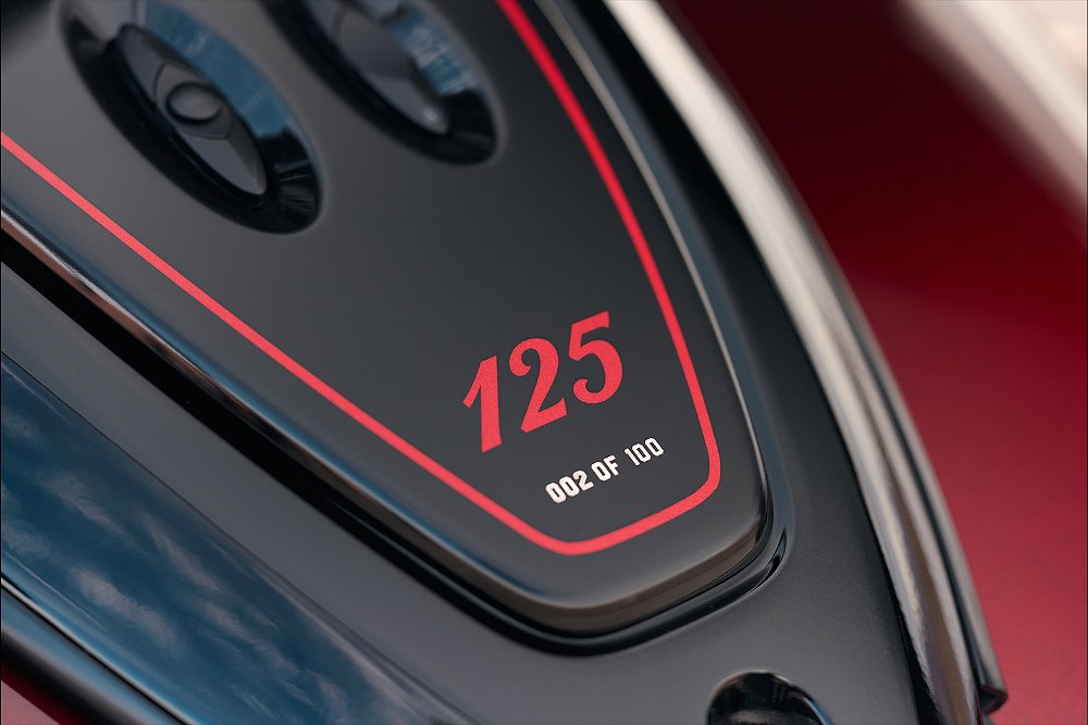 A close-up of the serialized badge on the Roadmaster 125th Anniversary Edition.