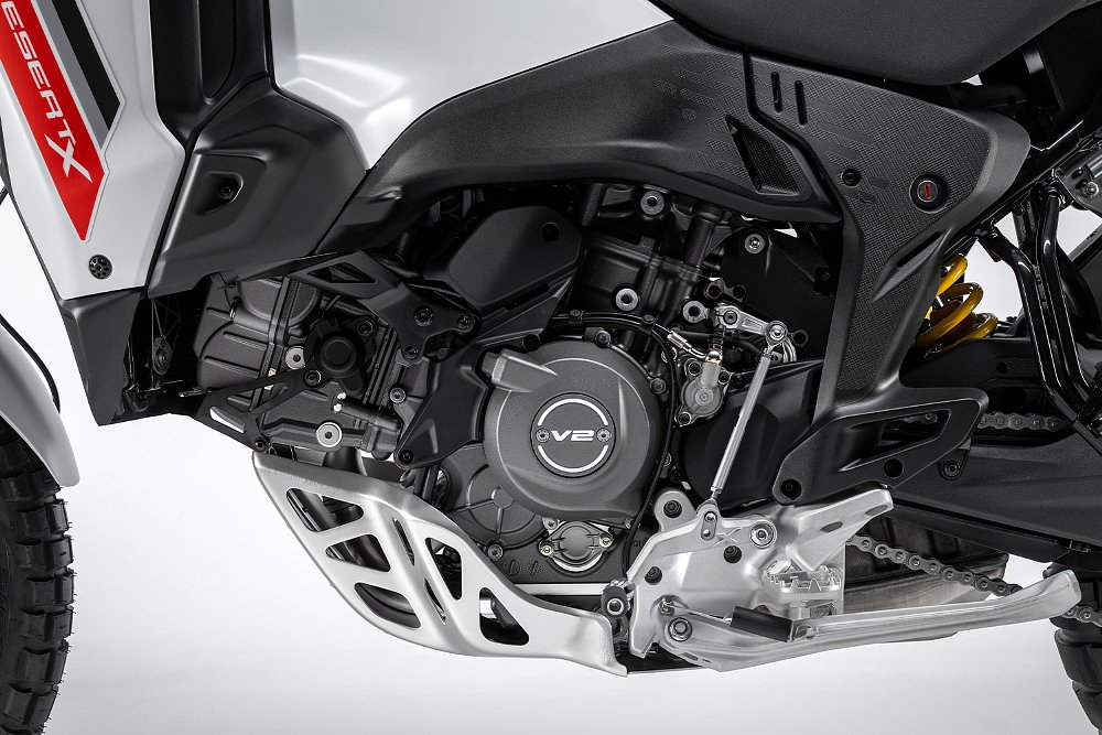 A close-up of the DesertX's 890 cc V2 engine.