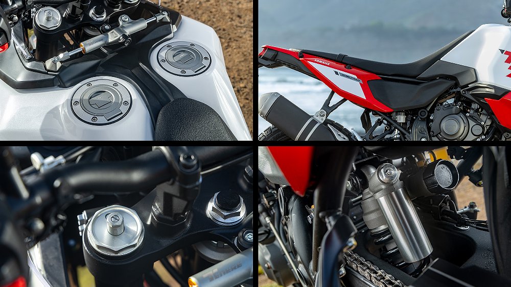 Images of the Ténéré 700 World Raid's split fuel tank, seat, and suspension.