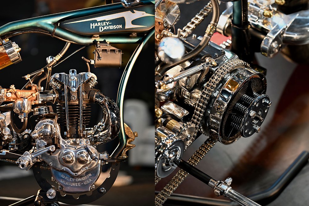 close view of the antique engine and transmission