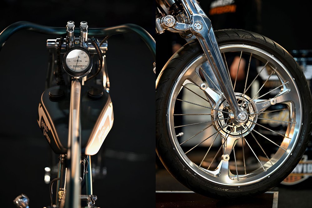 two photos, the rider's view from the cockpit and a view of the large front wheel with hub brake
