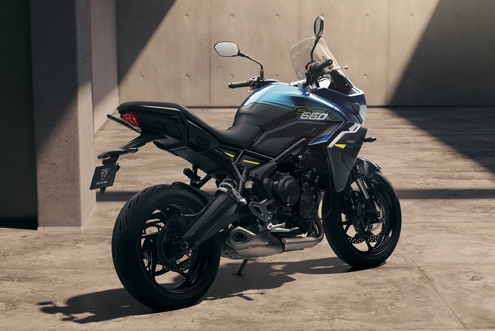 rear angle view of the Tiger Sport 660 parked along a mountain road