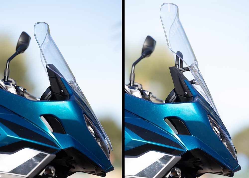 two photos of the windscreen in the lowest and highest positions