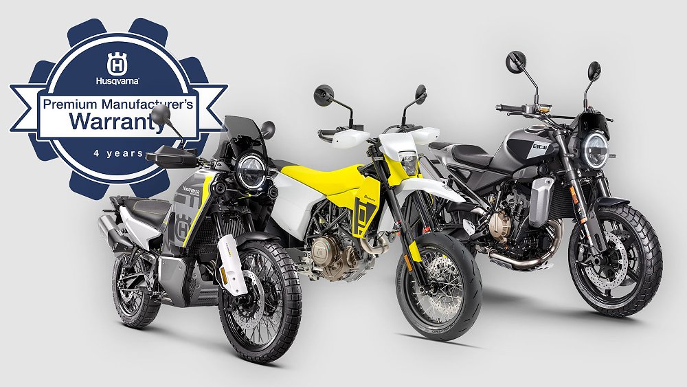 A promotional image of Husqvarna's four-year extended warranty featuring the Norden 901, 701 Supermoto, and 801 Svartpilen.