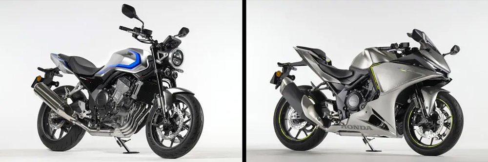 Honda's CB400 Super Four E‑Clutch Concept and CBR400R Four E‑Clutch Concept photographed in a studio.