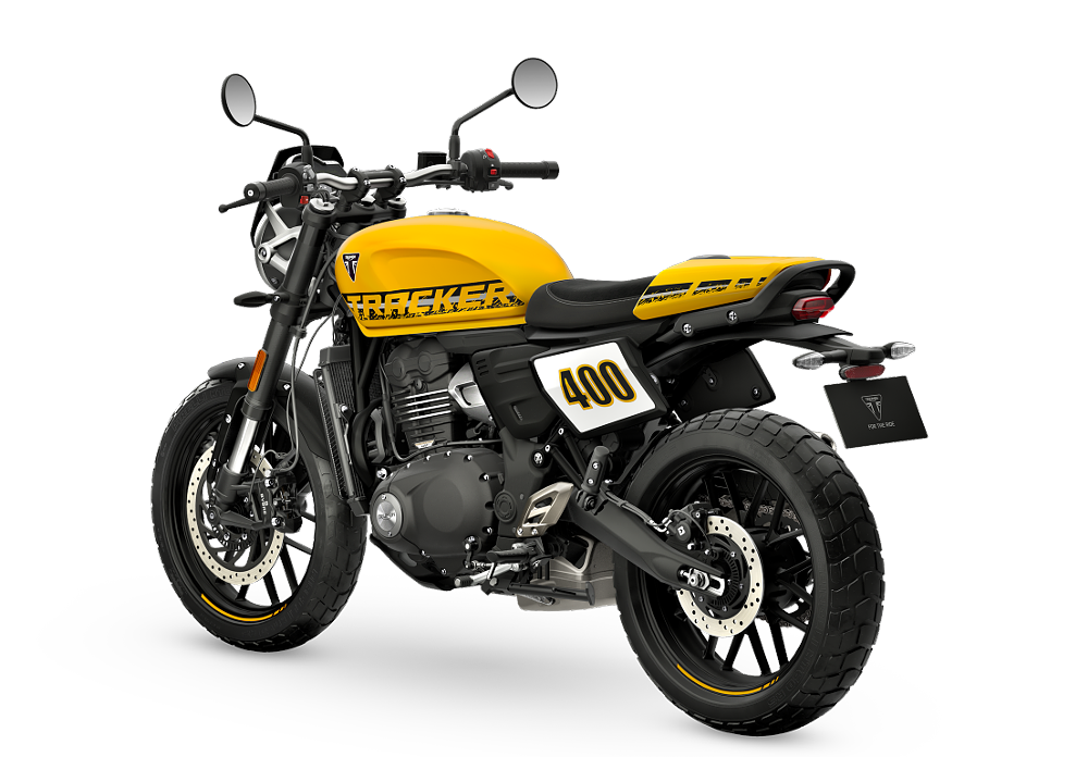studio photo from behind of a yellow Tracker 400