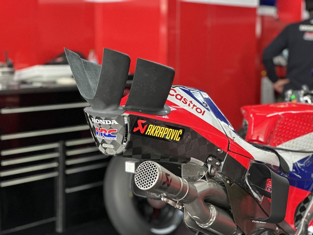 Tail wing detail on Honda's RC213V MotoGP racing motorcycle.