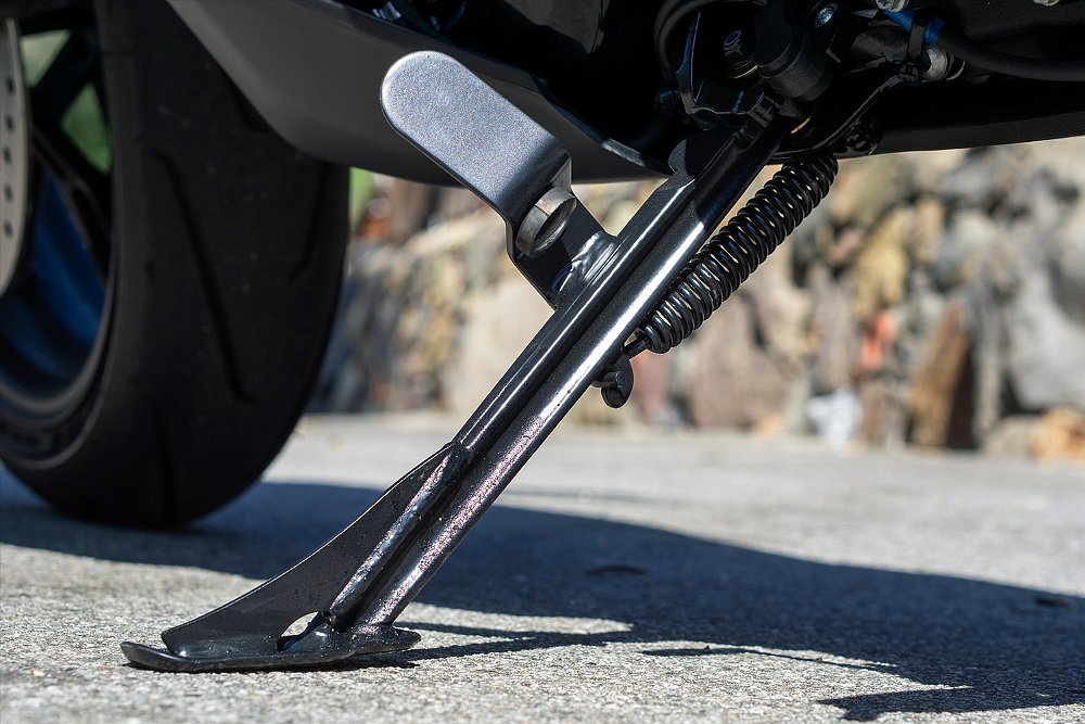 A close-up of the Pan America ST's kickstand.