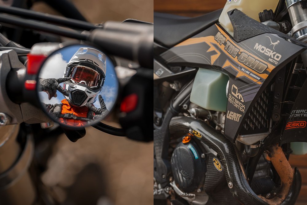 Killian Moreno reflected in a mirror on the bike; plus a close shot of engine and exhaust guards made of carbon fiber