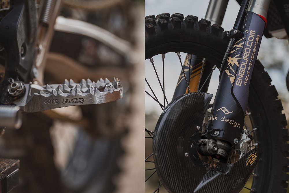 two images, a close view of the IMS footpegs and the WP front suspension