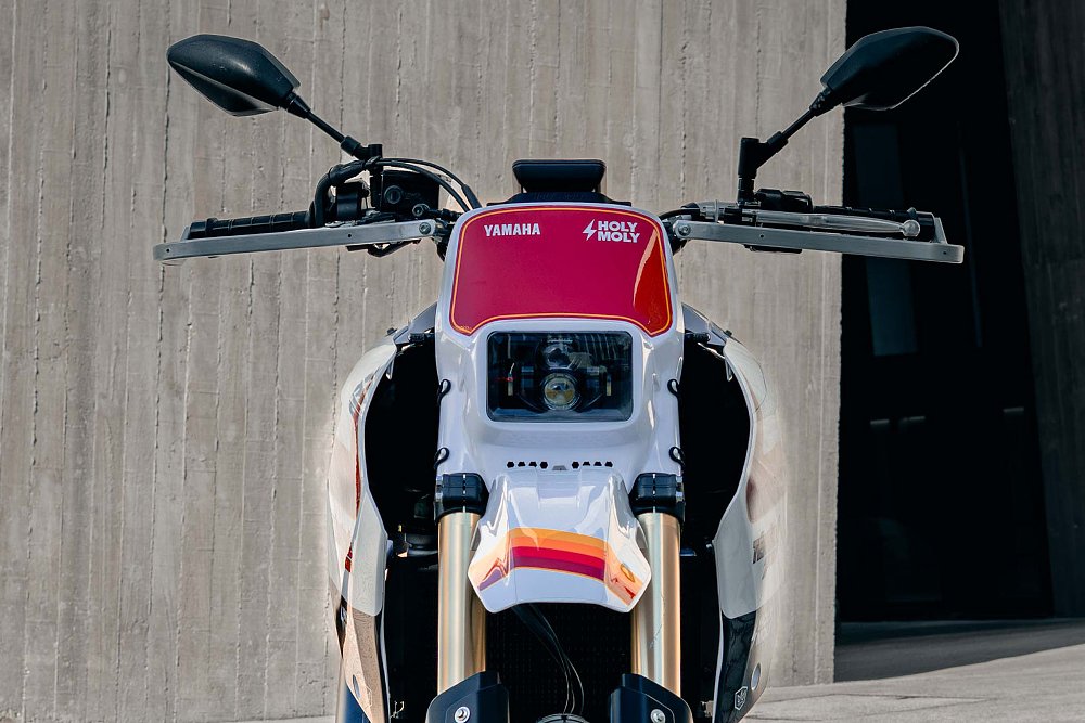front view of the LED headlight in a square, retro lens and housing
