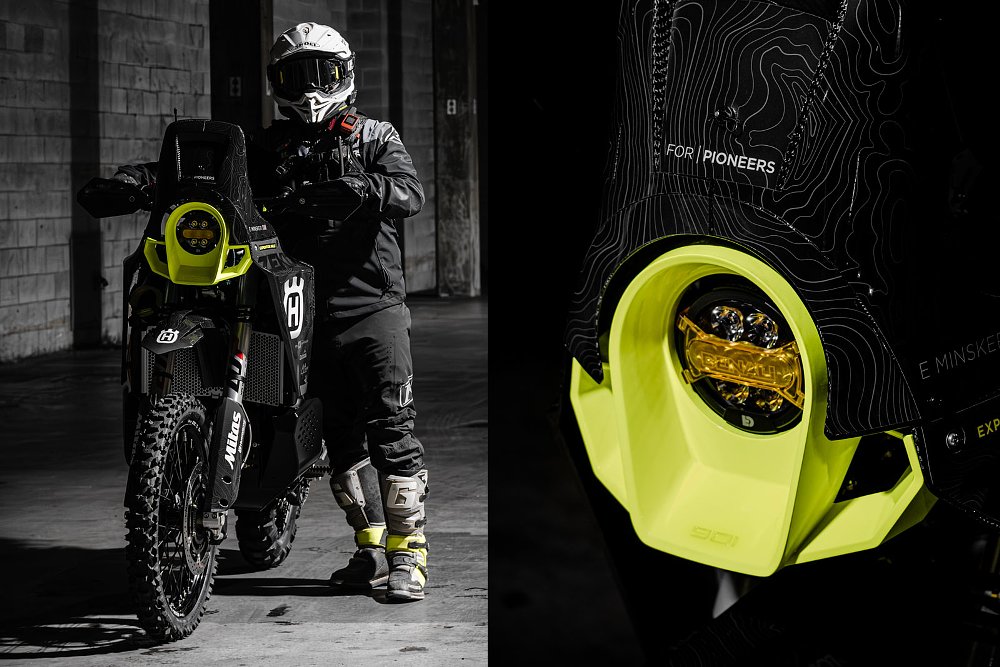 two photos, one of Minsker in full riding gear beside the black bike and another close shot of the headlight with yellow surround