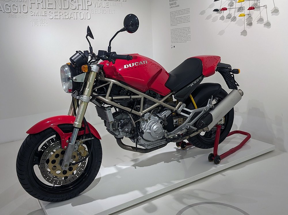 red Ducati Monster on display in the museum