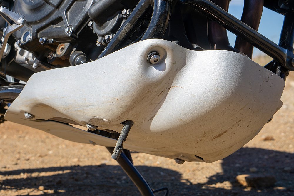 A close-up of the KLE500 SE's bash plate.