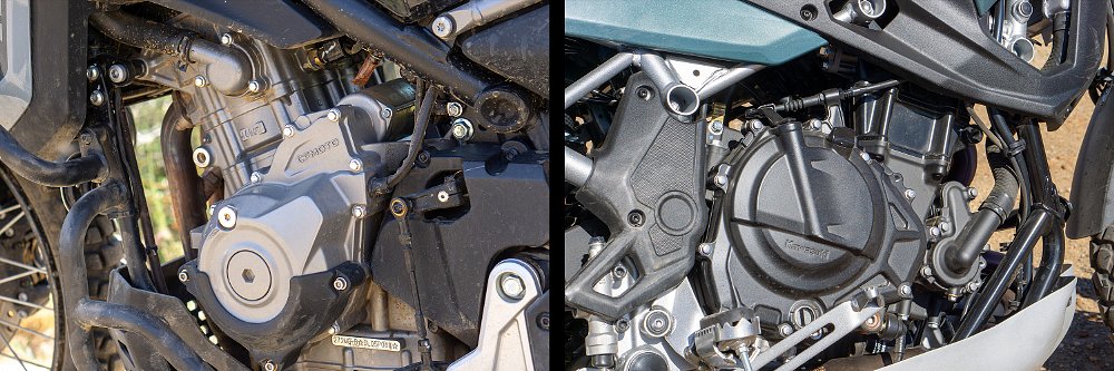 Close-up photos of the Ibex 450 and KLE500's parallel-twin engines.
