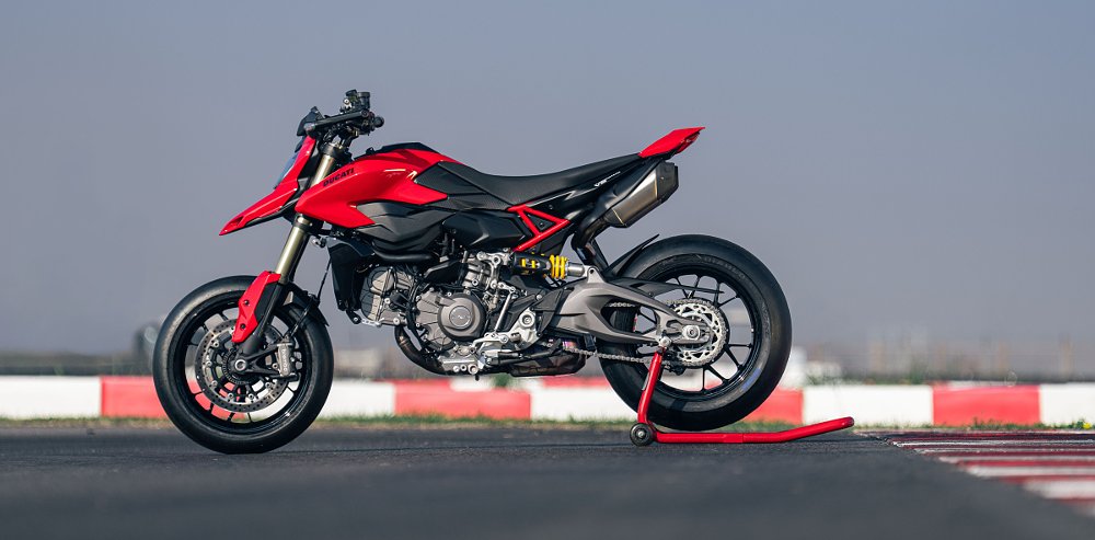 all red base model Hypermotard V2, side view