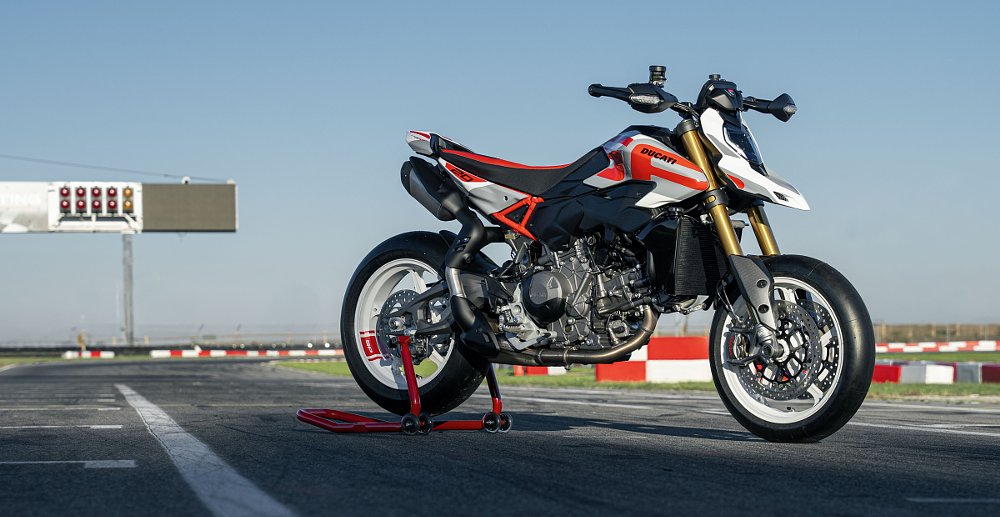 Hypermotard V2 SP parked on a stand at the track